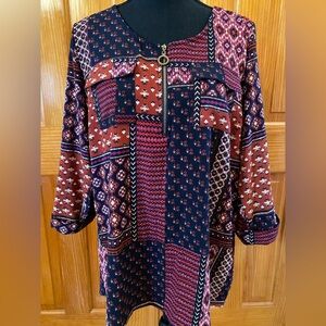 Cathy Elegant Black and Orange Patchwork Blouse Size Large